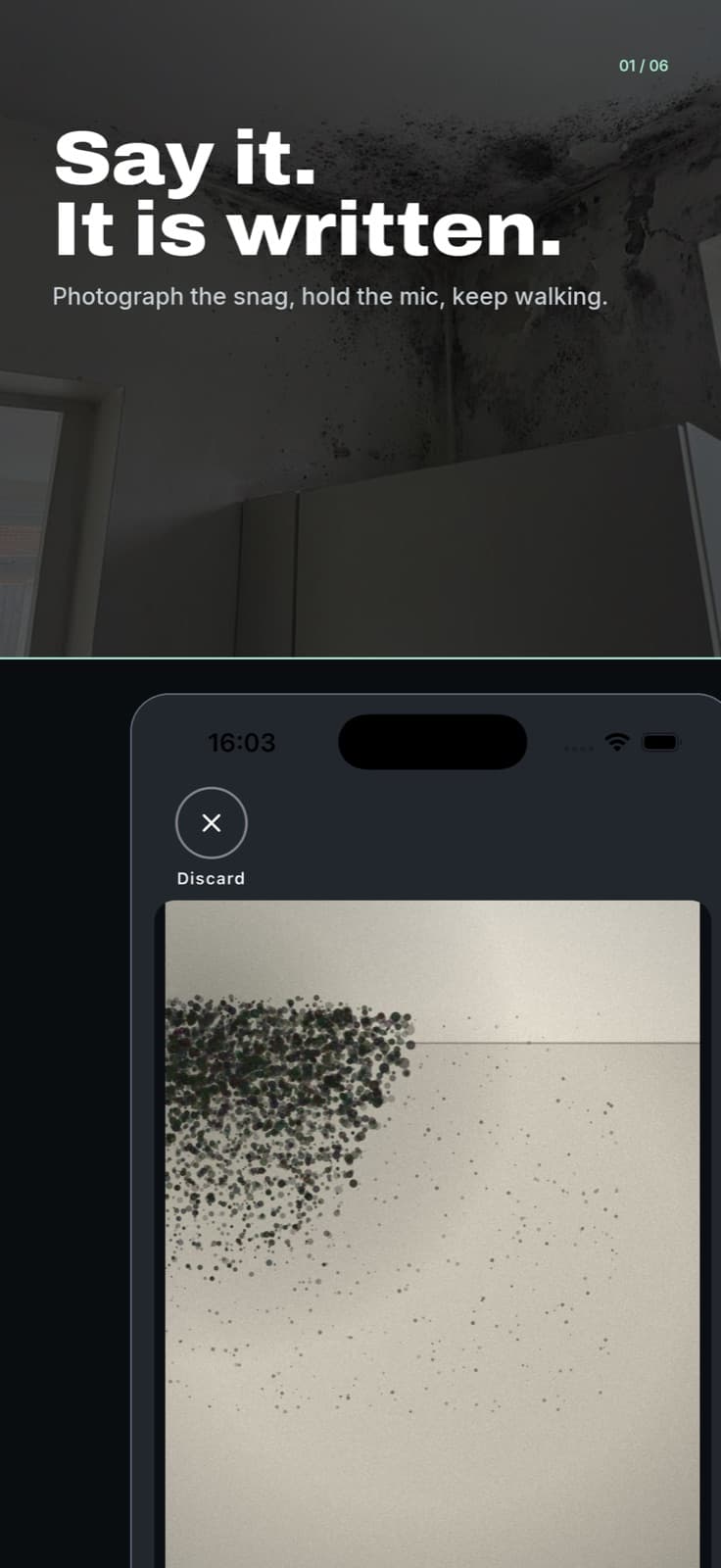 SayScope store screenshot. The headline reads: Say it. It is written. Under it, an iPhone holds a photograph of a mould patch on a wall.