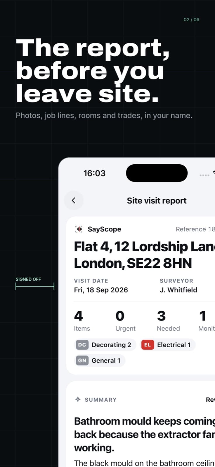 SayScope store screenshot. The headline reads: The report, before you leave site. An iPhone shows a site visit report with the address, four items, a chip for each trade and a written summary.