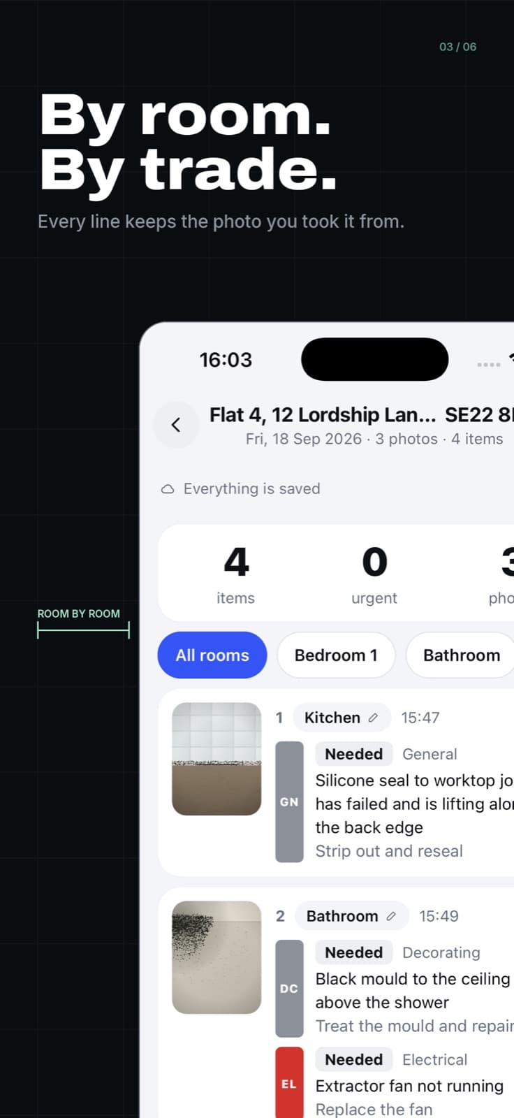 SayScope store screenshot. The headline reads: By room. By trade. An iPhone shows job lines for a kitchen and a bathroom, each with its photograph and its trade.