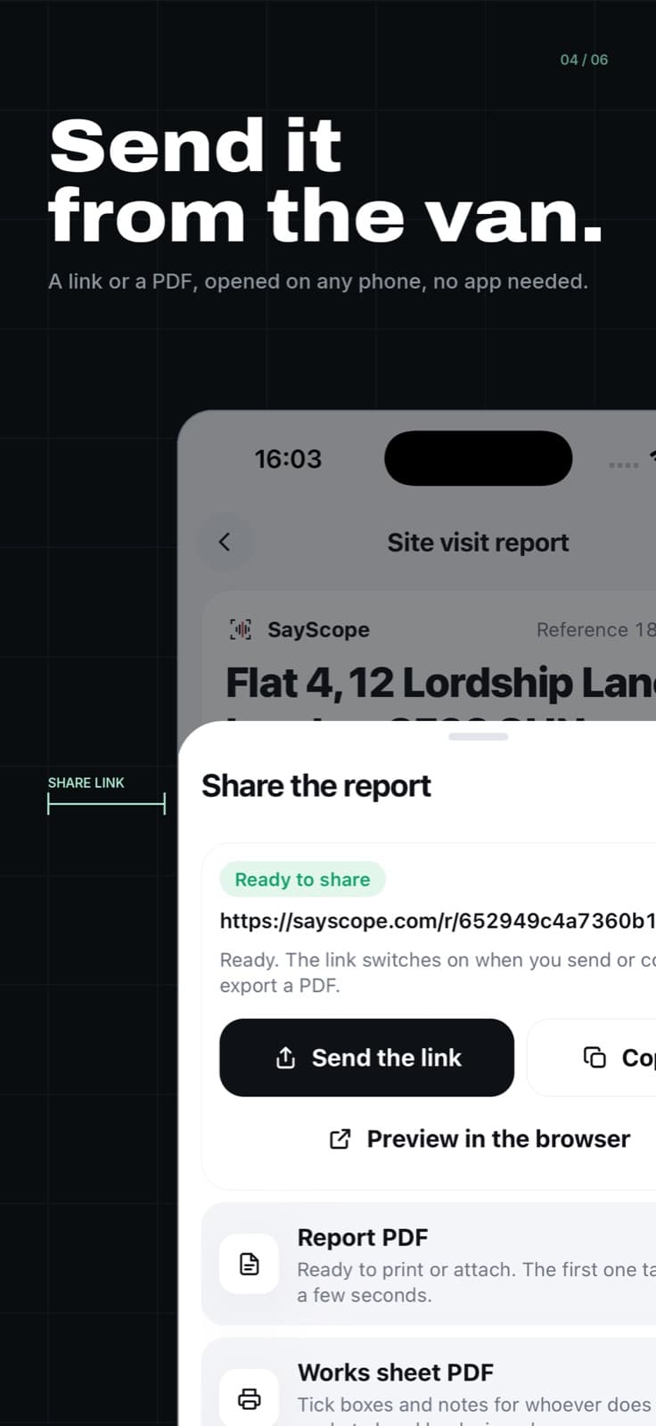 SayScope store screenshot. The headline reads: Send it from the van. An iPhone shows the share sheet: a link to send, a report PDF and a works sheet PDF.