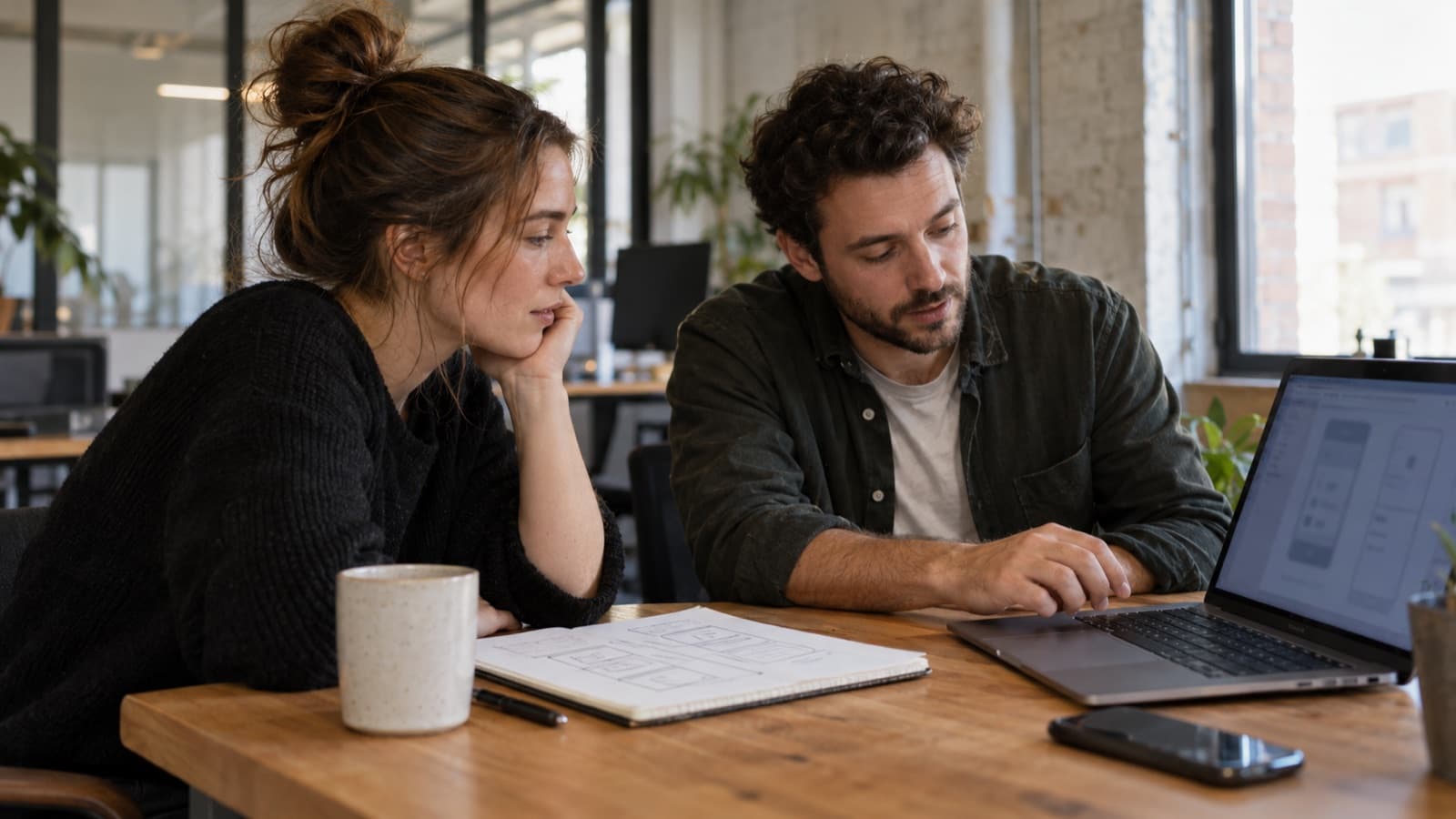 A founder and developer reviewing mobile app wireframes together at a shared office table