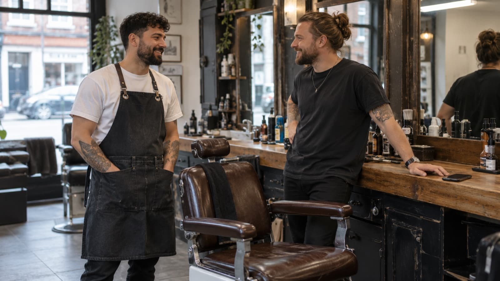 Two individual barbers talking beside an empty barber chair in an independent barbershop
