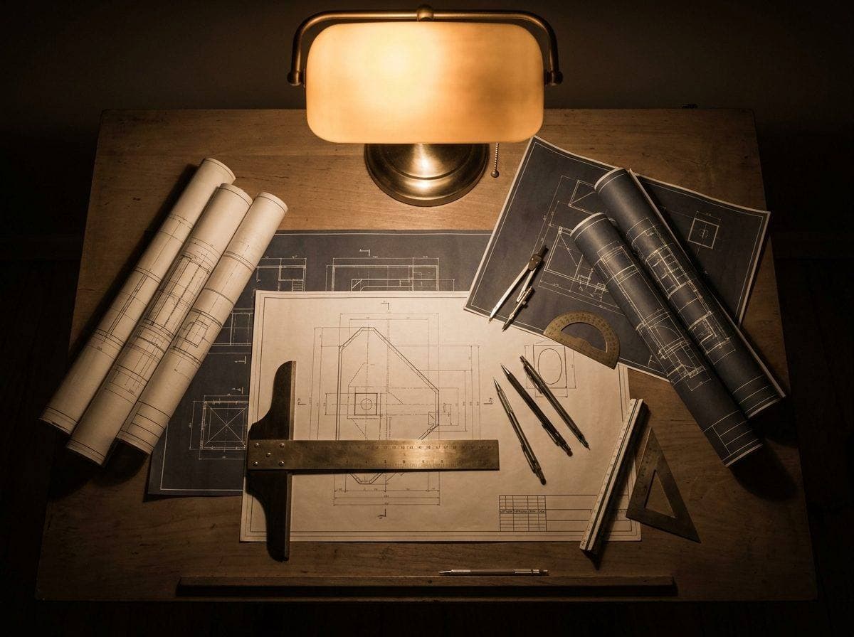 Architectural drawings spread across a desk under warm light