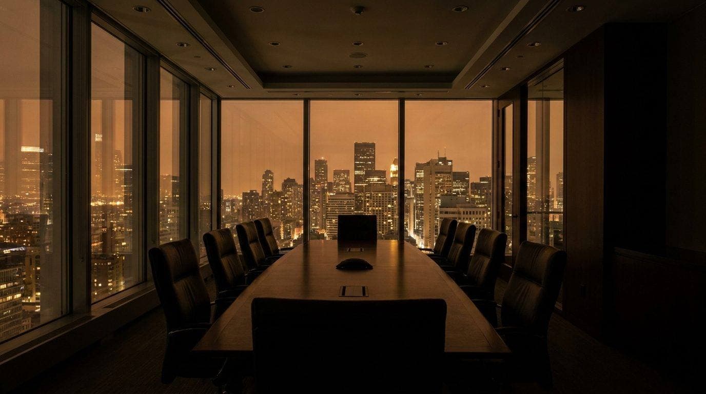 An empty boardroom high above a city at night