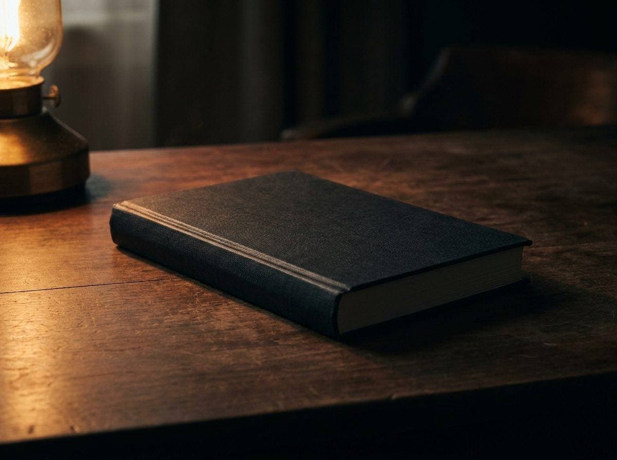 A hardback book on a dark desk under a warm lamp