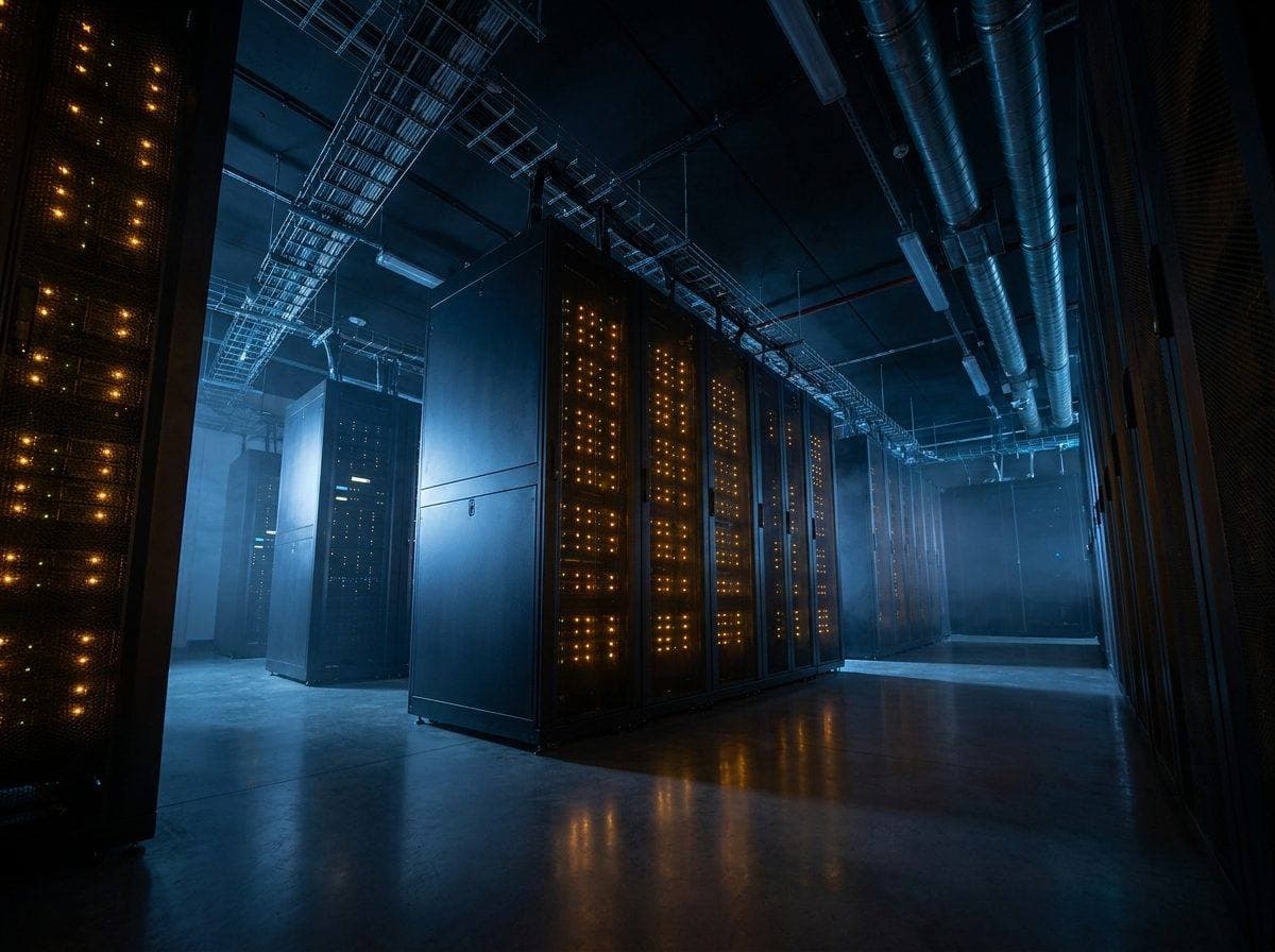 Rows of server racks fading into darkness