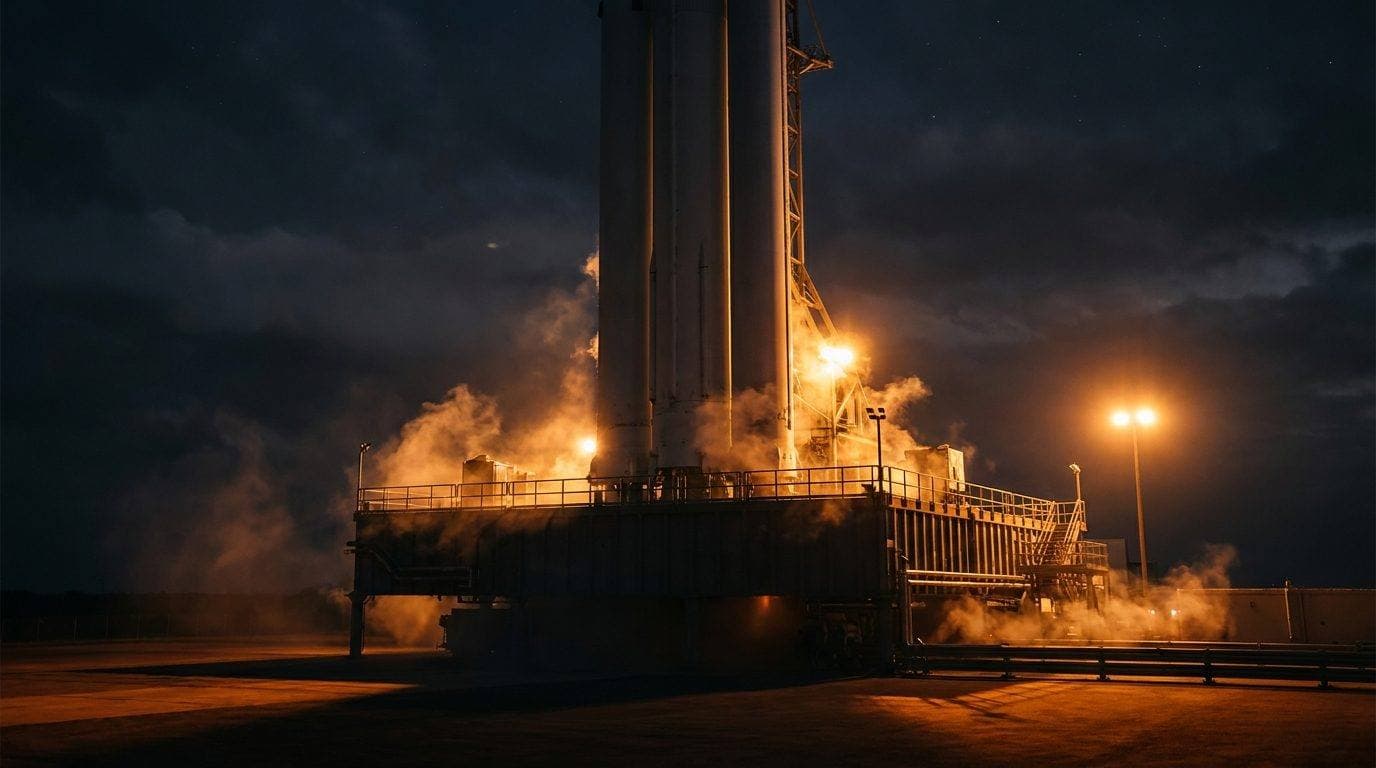 A rocket on its launch pad at night, lit from below