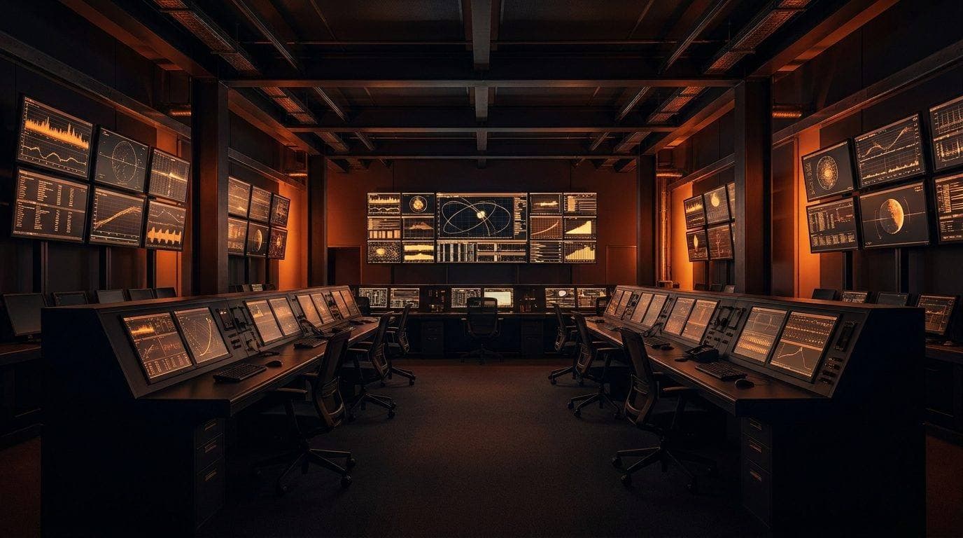 A mission control room lit by rows of amber screens
