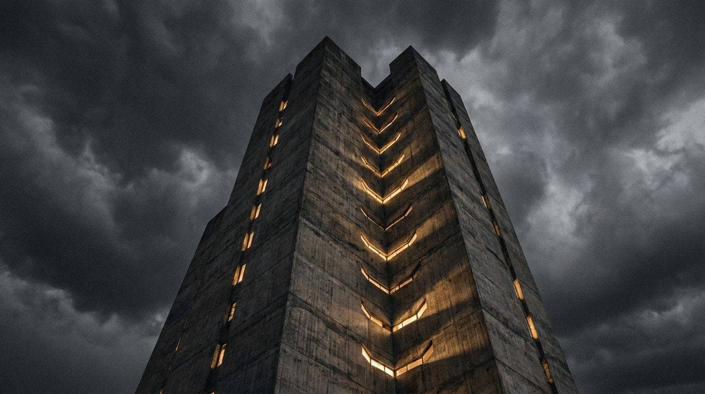 A concrete tower with lit windows against a storm sky