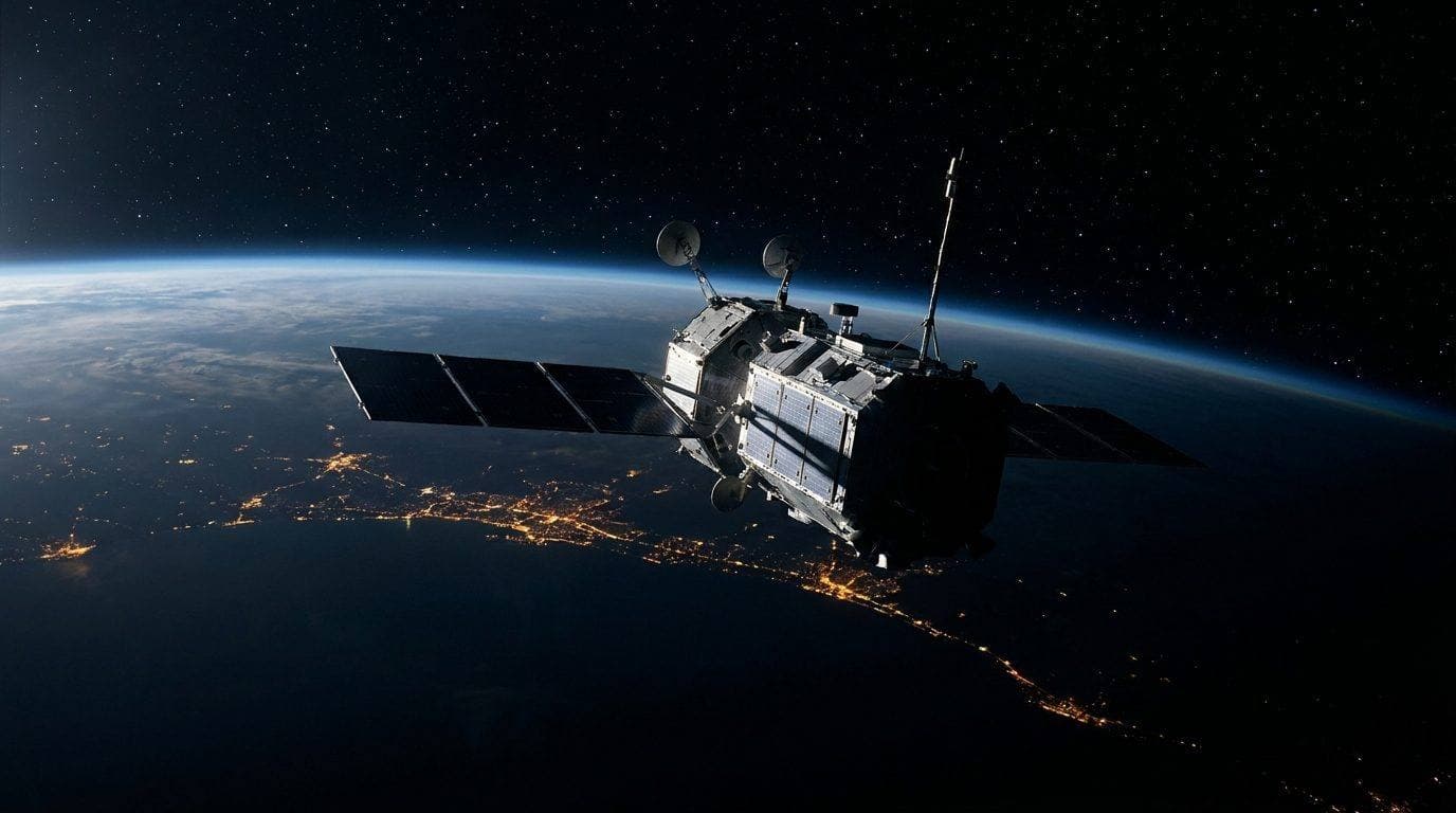 A satellite above the Earth at night, city lights below