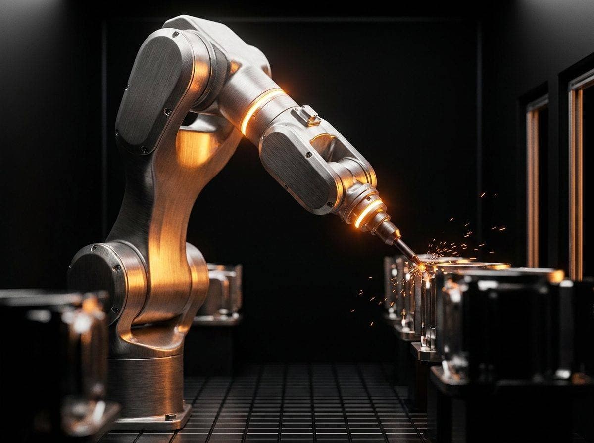 A precision robot arm in a dark assembly cell