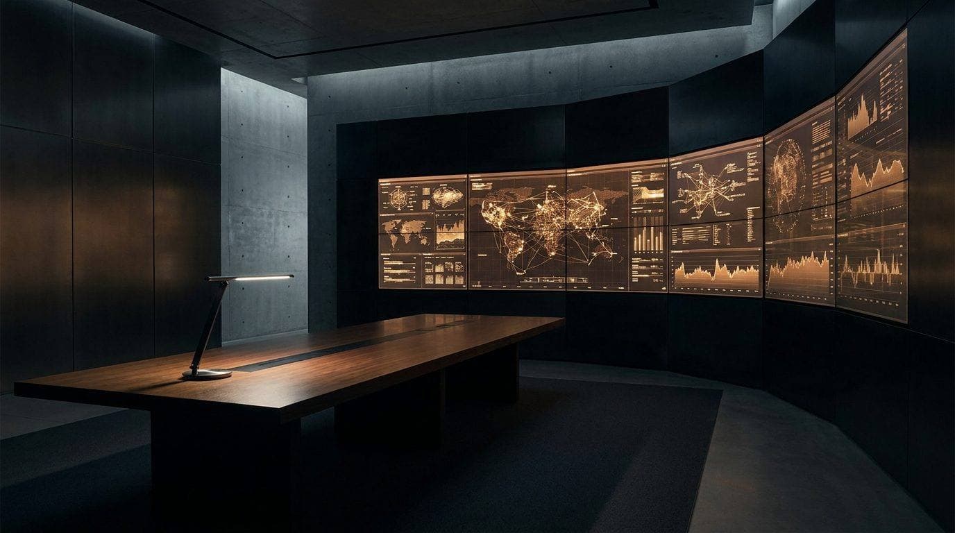 A dark strategy room lined with screens