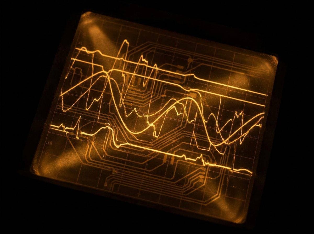 Glowing telemetry traces on a dark technical display